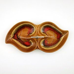 Divided Ceramic Double Leaf Shape Dish with Handle 70s Made in Japan